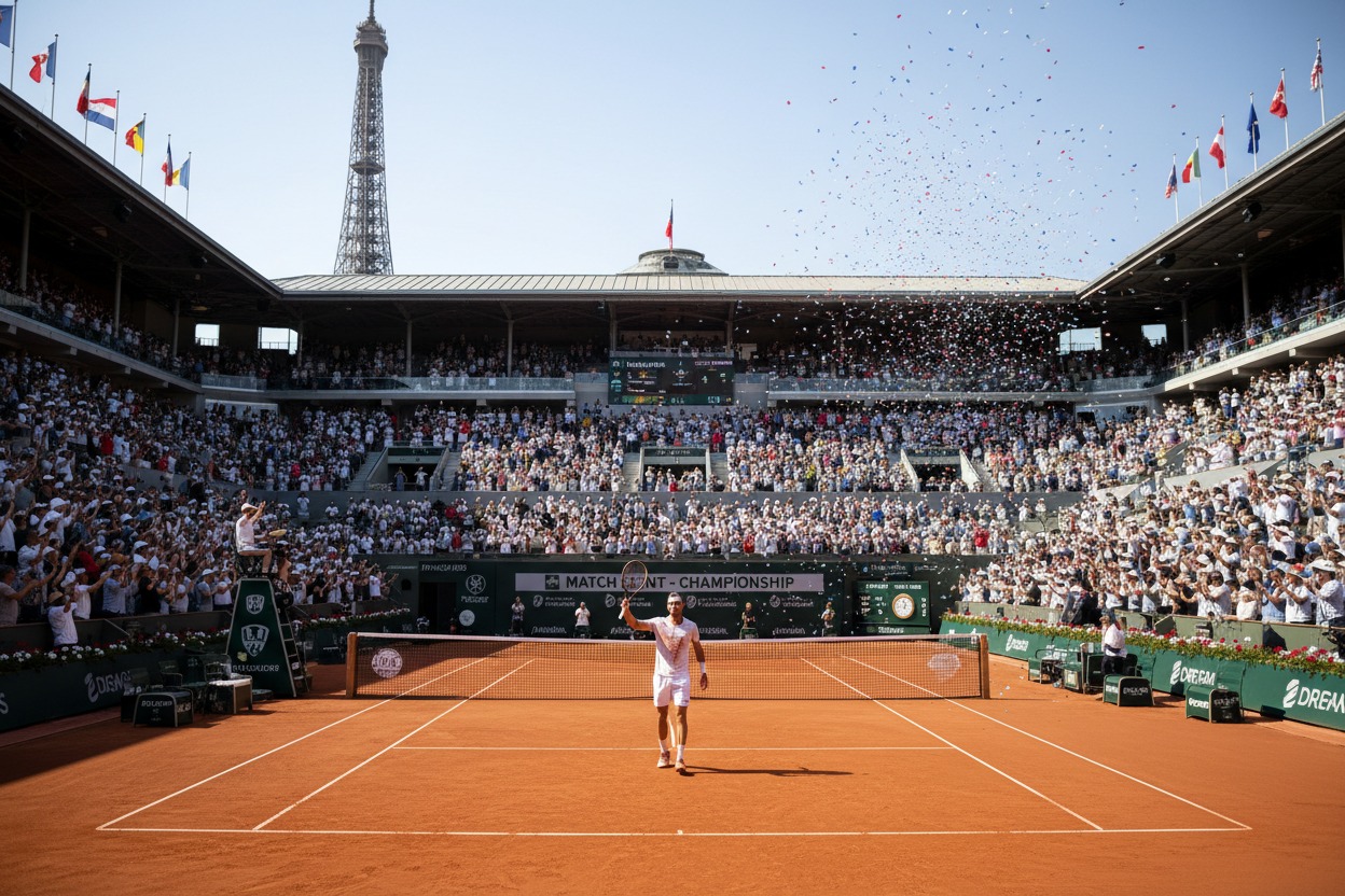 tenista estilo joão fonseca com um futuro promissor em uma quadra de saibro de um gran slam