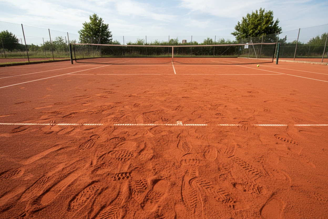 Quadra de tênis com marcas de solas de tênis para saibro